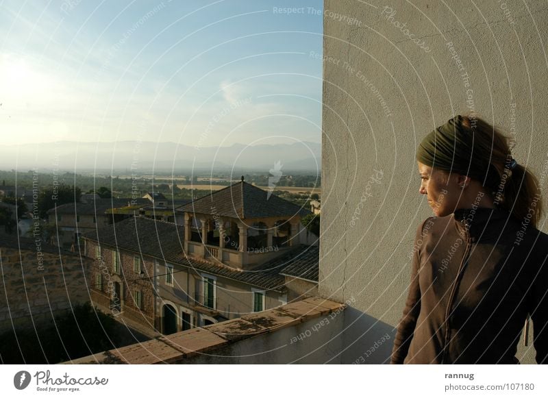 On a roof terrace in St. Eugenia Woman Majorca Dusk Vantage point Dreamily Wall (building) Silhouette St Eugenia rooftop Above above the village Far-off places