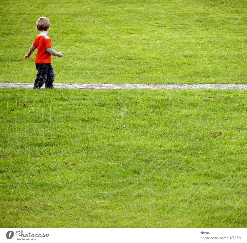 Dancing With Myself - IV Colour photo Exterior shot Day Looking away Happy Beautiful Summer Child Boy (child) Arm Meadow Lanes & trails T-shirt Pants Blonde