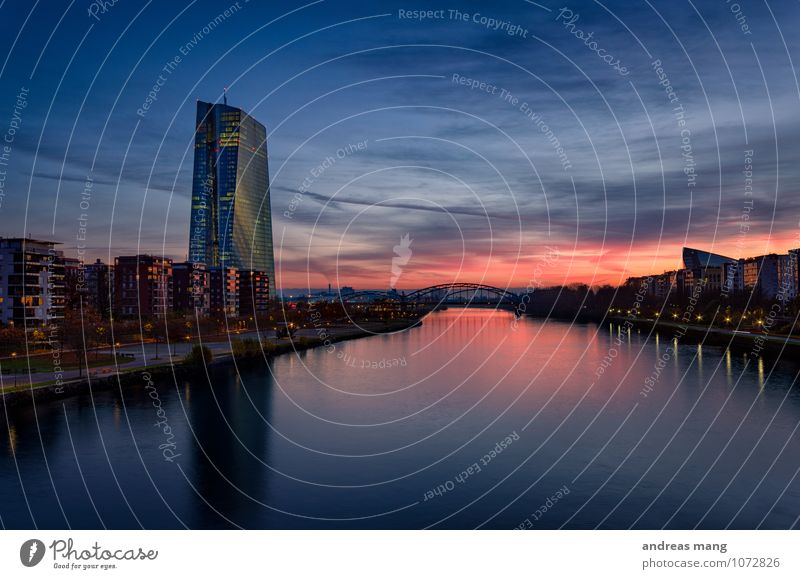 Burning sky Sightseeing City trip Water Sunrise Sunset Sunlight River Frankfurt Town Port City Downtown Skyline High-rise Beginning Movement Business Success