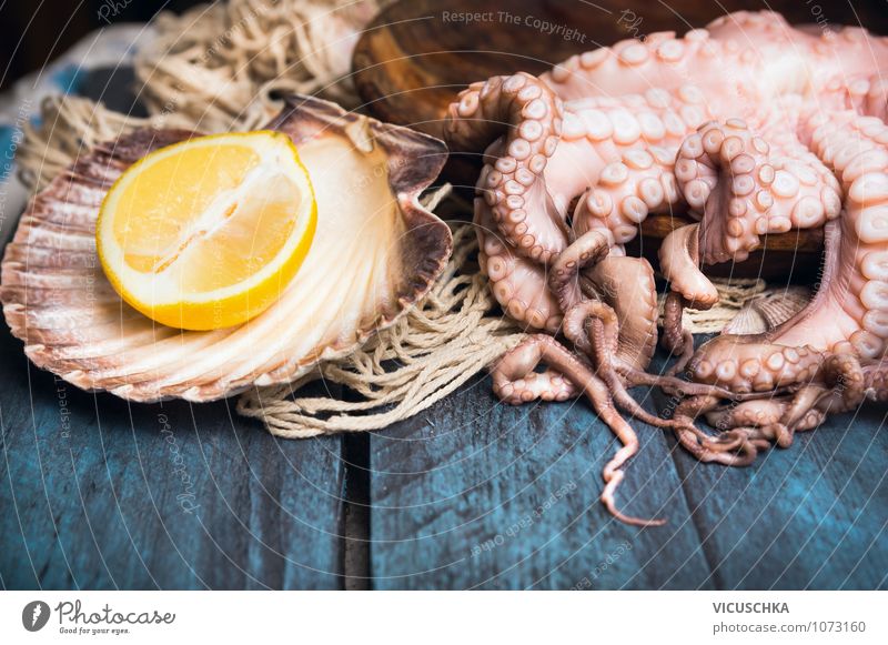 Octopus raw with lemon Food Seafood Fruit Nutrition Organic produce Diet Style Design Healthy Eating Table Background picture Protein Food photograph