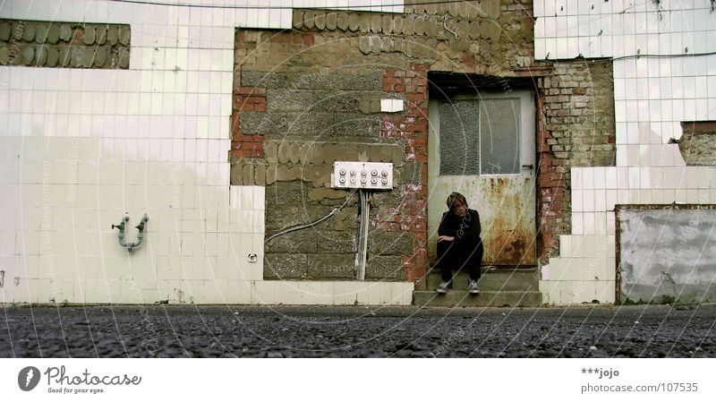 Sitting, Waiting, Wishing Man Loneliness Calm Dirty Ruin Broken Think Thought Self portrait Transience Derelict Shabby Damage