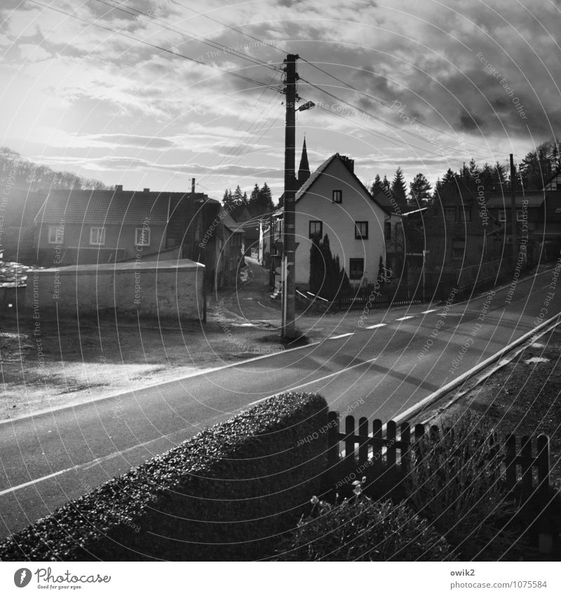 Village in the South Harz Mountains Sky Clouds Tree Bushes Hedge Front garden Fence Populated House (Residential Structure) Church Building Church spire