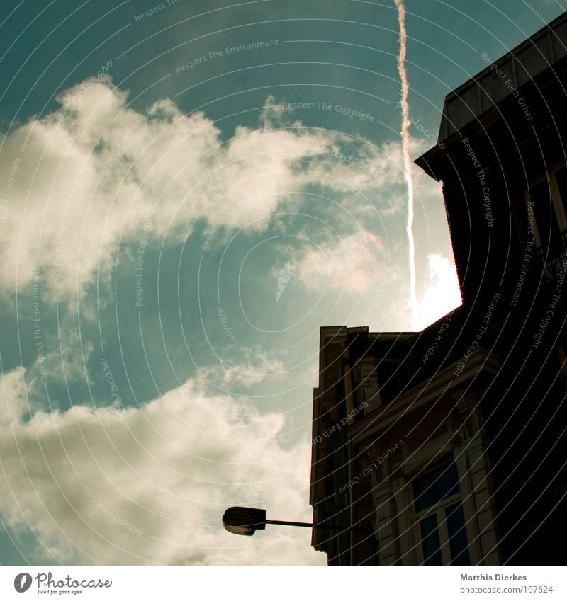 VERVIERS Town Small Town Infrastructure Lantern House (Residential Structure) Pedestrian precinct Airplane Clouds Lightning Sunset Back-light Autumn Evening