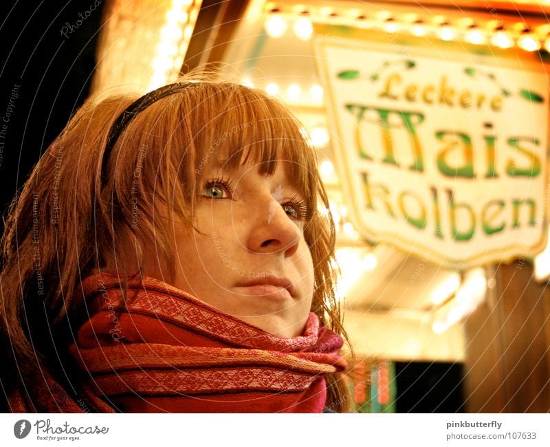 Yummy corncob... Woman Portrait photograph Lips Red-haired Scarf Longing Corn cob Delicious Pink Yellow Cold Freeze Light Beautiful Friendliness Snack bar