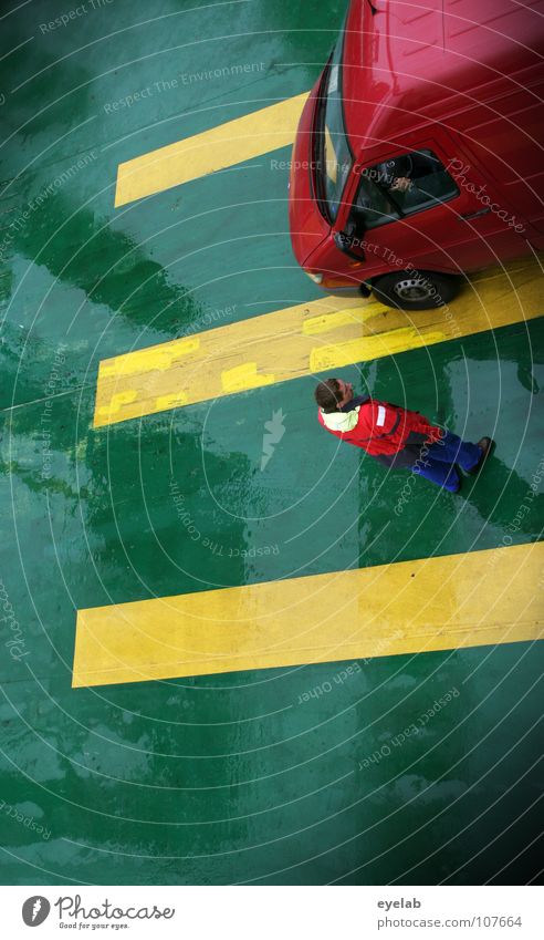 Parking bays for the sea-impaired Yellow Green Stripe Wet Damp Steel Reflection Man Working man Technician Personal Footwear Watercraft Ferry Car ferry