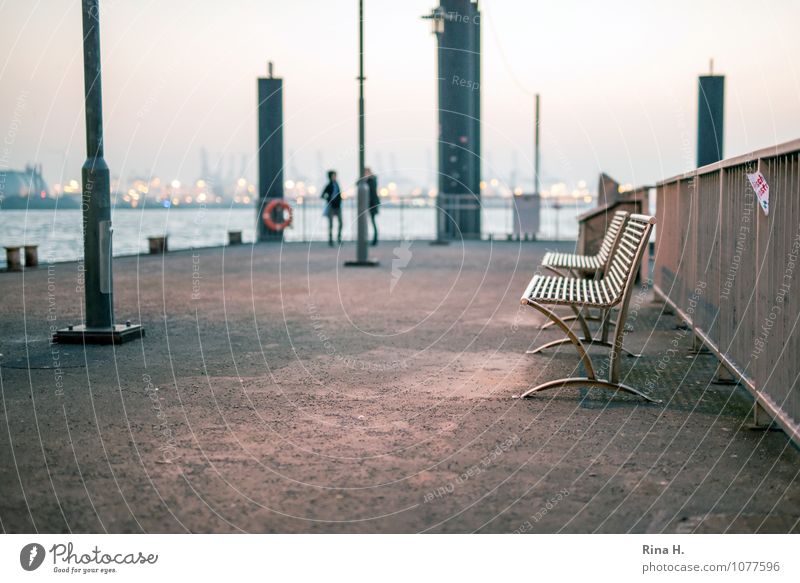 Talk at the harbour Human being 2 Port of Hamburg Harbour Navigation To talk Stand Pontoon Jetty Bench Bollard Fence Colour photo Exterior shot