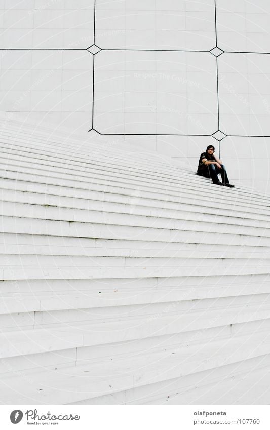 big white stairs, with me White Man Square La Défense Paris France La Grande Arche Large Modern Stairs Bright Tall Lamp Calm Contrasts Black & white photo