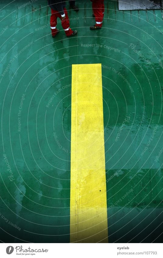 2 chipmunks at the upper edge of the picture Yellow Green Stripe Wet Damp Steel Reflection Man Working man Technician Personal Footwear Watercraft Ferry