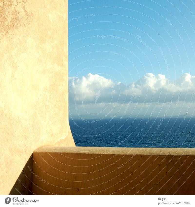 Window with view Corsica Vacation & Travel Sailing Watercraft Wall (barrier) Clouds Ocean Vantage point White Beige Bonifacio Beach Relaxation Waves Gale