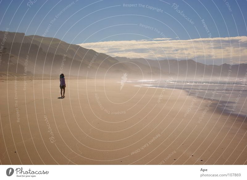 Sandy hot Beach Ocean Hot Loneliness Clouds Going New Zealand Idyll Calm Physics Doomed Hill Sky Mountain Water Blue Walking Human being Warmth Fog Tracks