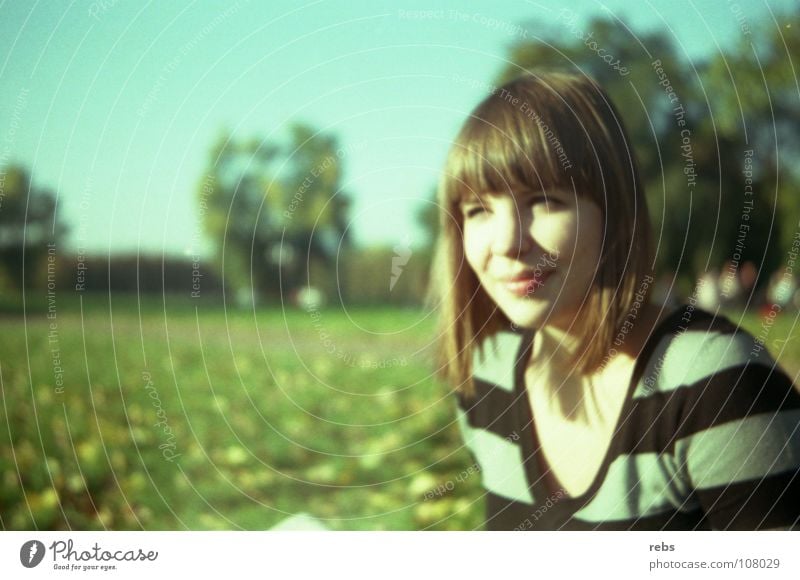 then as now Summer Spring Autumn Woman Stripe Park Green Tree Blur Moody Colour Sky Laughter Looking