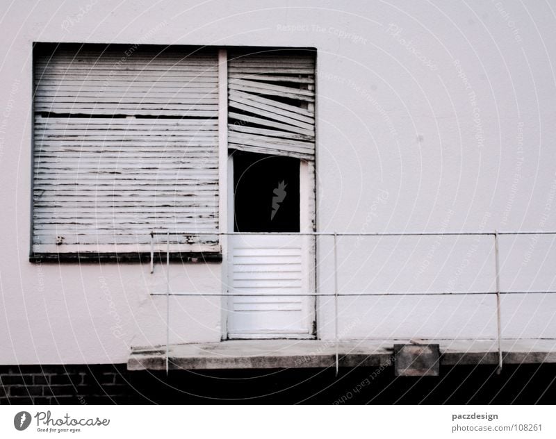 window slats White Entrance Window Closed Broken Wood Flake off Wall (building) Balcony Dirty Platform Venetian blinds Exterior shot Grainy Black & white photo