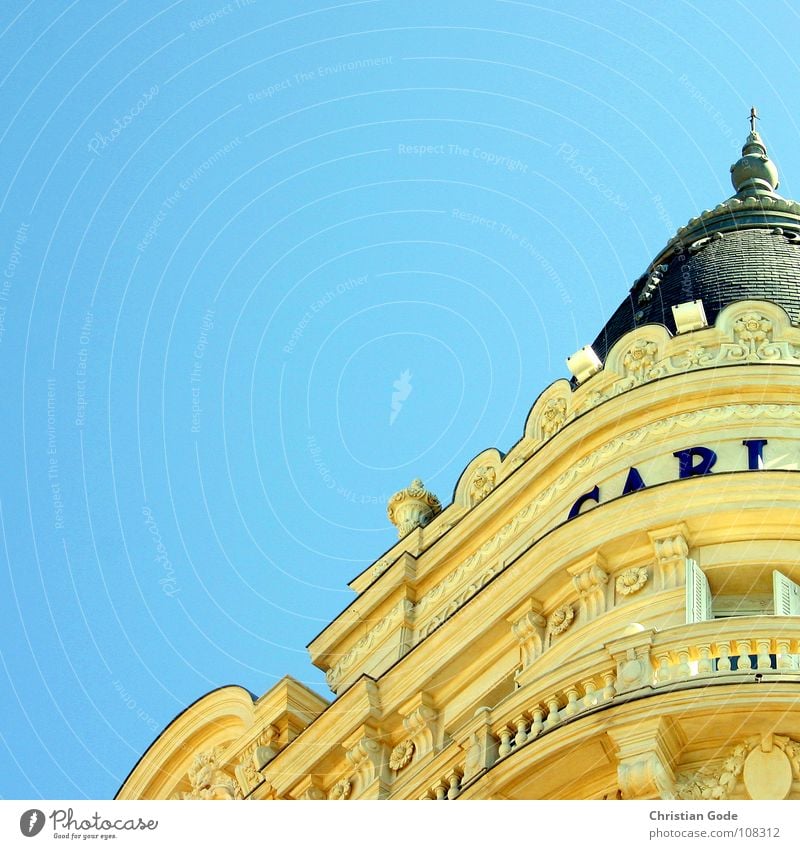 Carl Cannes Southern France Cote d'Azur Hotel Promenade Balcony Yellow Colossal structure Noble Rich Vacation & Travel Tourism Landmark Monument Beach Coast