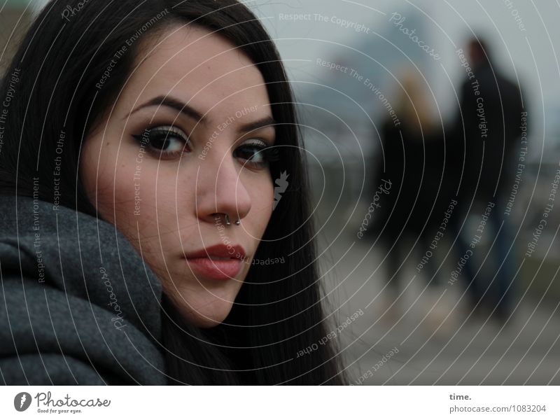 . Feminine Young woman Youth (Young adults) 1 Human being Hamburg Harbour Coat Piercing Black-haired Long-haired Observe Looking Wait Beautiful Self-confident