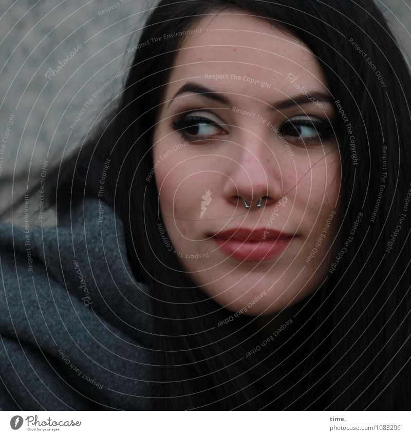 Woman with piercing Feminine 1 Human being Wall (barrier) Wall (building) Coat Piercing Black-haired Long-haired Observe Think Smiling Looking Wait pretty