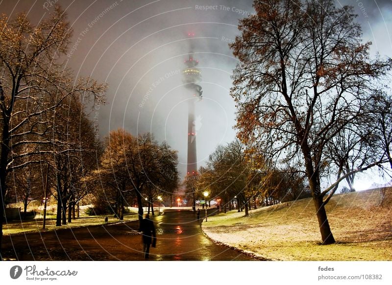 winter night Olympic Tower Television Pedestrian Speed Wet Munich Europe Bavaria Park Dark Illuminate Street lighting Light Night Fog Comfortless Cold Winter