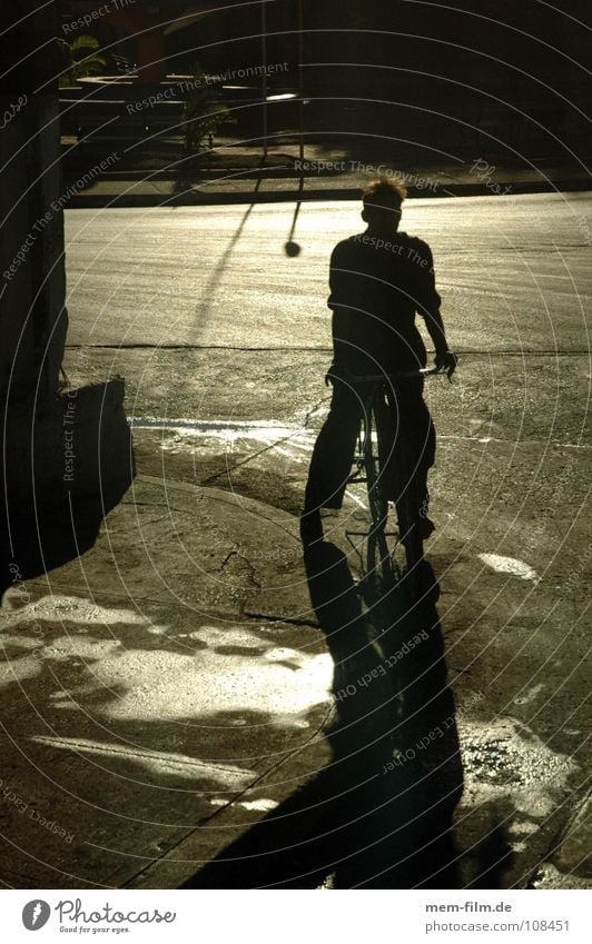 backlit cycling Bicycle Back-light Damp Puddle Means of transport Reflection Cuba Alley Village Youth (Young adults) Exterior shot Transport Summer