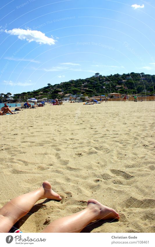 Holidays at last Beach Vacation & Travel Sunbathing Beach life France Cote d'Azur Corpse Towel Ocean Sunshade Relaxation Coast Woman Sky fixed and all Bikni