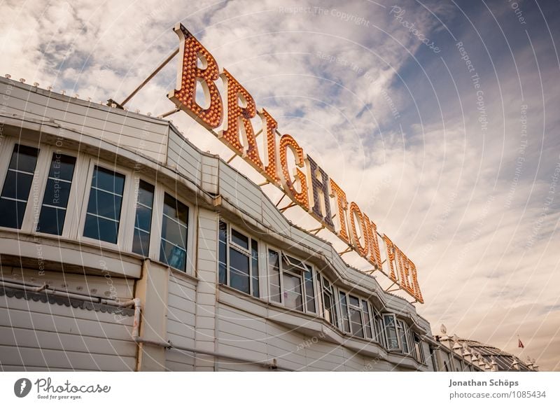 Brighton XI Town Facade Esthetic Jetty England Great Britain English Tourism Letters (alphabet) Window Sky Evening sun Illuminated letter Fairs & Carnivals Joy