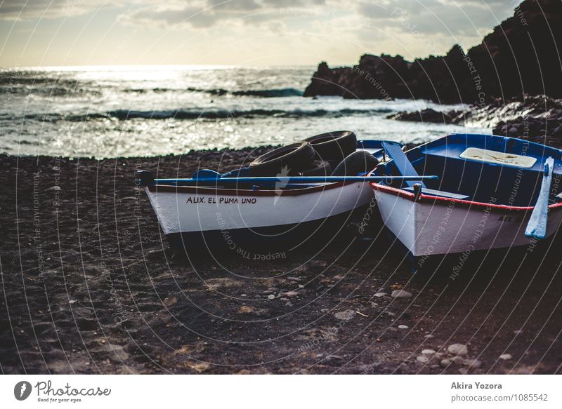 Stranded together Vacation & Travel Tourism Trip Beach Ocean Waves Clouds Horizon Coast Atlantic Ocean Island Lanzarote Lie Blue Red Black White Together