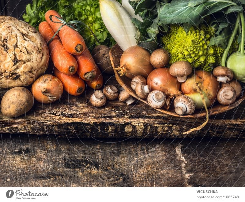 Organic vegetables selection on old wooden table Food Vegetable Bowl Style Design Healthy Eating Life Table Feasts & Celebrations Thanksgiving Nature Summer