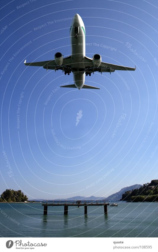 buckle Airplane Ocean Near Greece Pilot Dangerous Crash Menacing Gravity Multiple Power Force Aviation Airplane landing Sky Blue Technology Corfu Island Airport