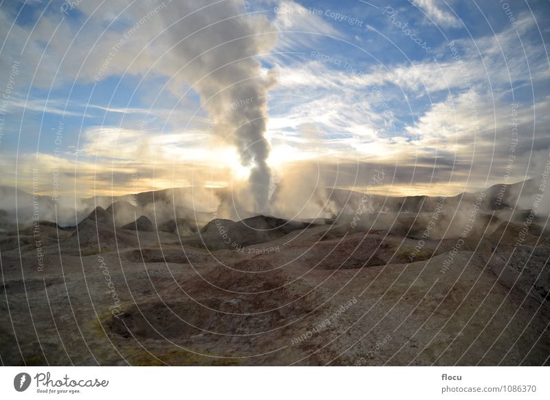 Erupting geyser of steam with sulfur deposits, Bolivia Vacation & Travel Adventure Summer Mountain Nature Landscape Warmth Hill Stone Hot Natural White Energy