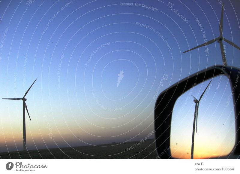 the parallel world 3 Wind energy plant Ecological Renewable energy Rotate Circle Territory Meadow Field Far-off places Horizon Sunset Red Mirror Reflection