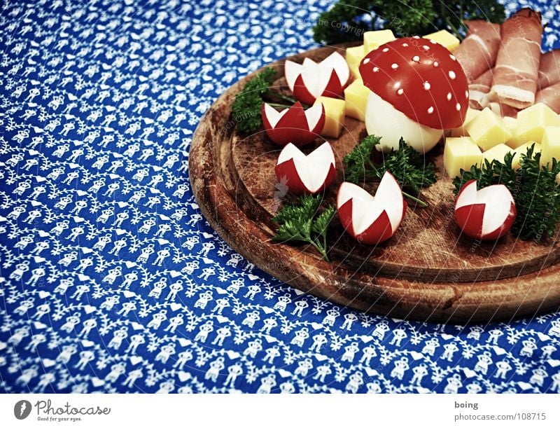 Fly agaric plate for my friends. For my good friends Ham Cheese Delicacy Radish Chopping board Table Meal Parsley Amanita mushroom Folk-dance Buffet