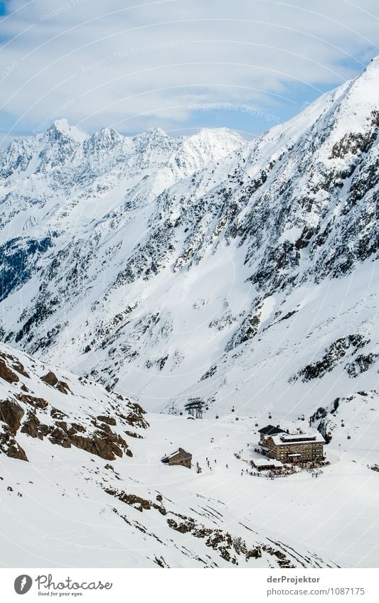 Small hut - big mountains Winter sports Skiing Environment Nature Landscape Beautiful weather Snow Rock Alps Mountain Peak Snowcapped peak Hut