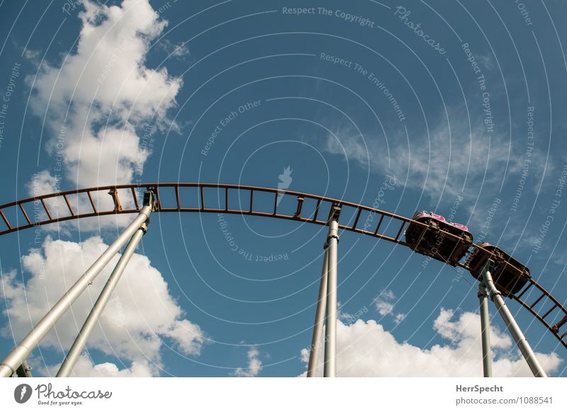 sky train Joy Leisure and hobbies Trip Oktoberfest Sky Clouds Beautiful weather Vehicle Driving Fear of heights Movement Speed Risk Fairs & Carnivals