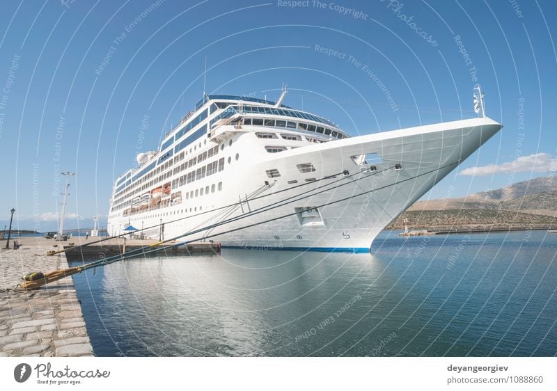 Big passenger ship Luxury Vacation & Travel Trip Cruise Summer Ocean Sky Clouds Coast Transport Passenger ship Watercraft Maritime Modern Blue White big vessel