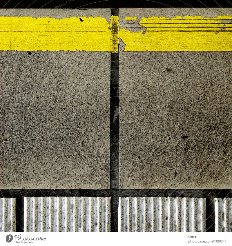 Order is half the life ... [II] Colour photo Exterior shot Decoration Services Train station Traffic infrastructure Platform Concrete Broken Yellow Gray