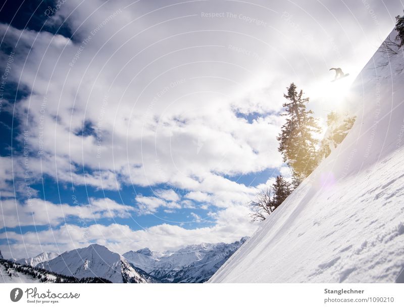 In the Sun Sports Winter sports Sportsperson Deep snow Ski run Environment Nature Sky Sunlight Climate Beautiful weather Snow Tree Rock Alps Mountain Peak