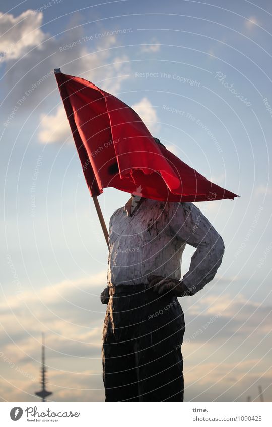 You got a lot of wind in you. Masculine 1 Human being Art Work of art Sculpture Sky Clouds Hamburg Flag To hold on Stand Brave Life Endurance Unwavering