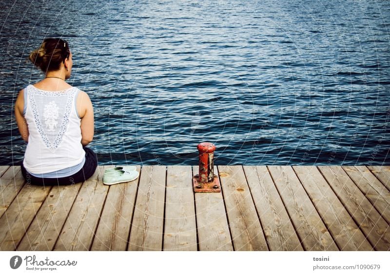 Simply switch off II Young woman Youth (Young adults) Safety (feeling of) Woman Footwear Surface of water Water Lakeside Nature Footbridge Calm Moody