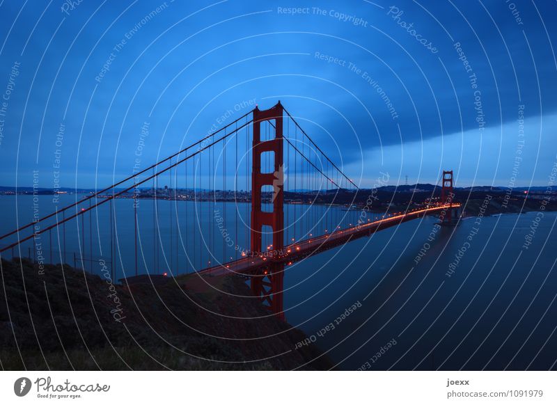 The Strait of San Francisco Town Bridge Golden Gate Bridge Tourist Attraction Old Large Blue Orange Red Black Hope Horizon Colour photo Subdued colour Evening