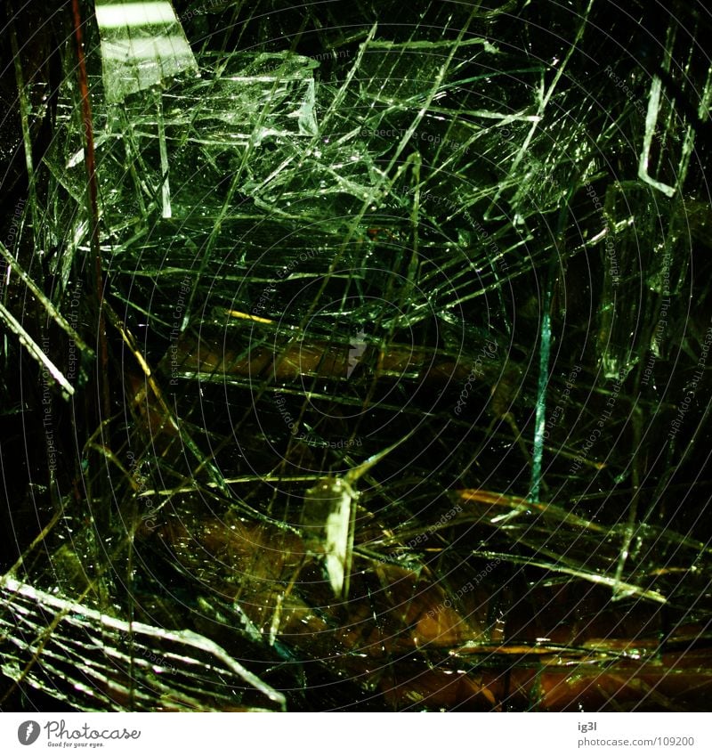 broken view Glass fragment Broken Slivered Transparent Glittering Lighting Cut Glazier Square Bird's-eye view Ominous Green Yellow Corner Dangerous Stitching