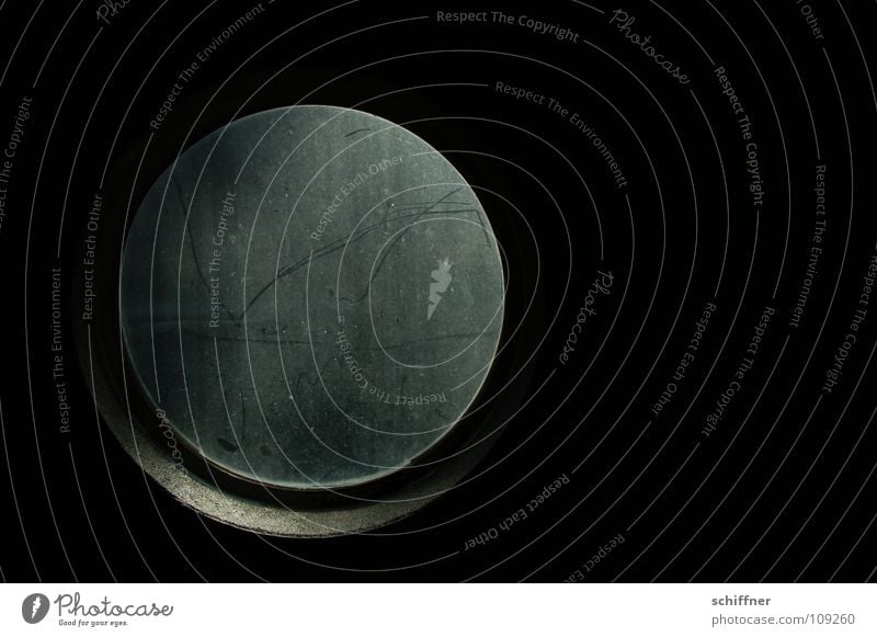 The Hole Dark Vista Aquarium Window Window cleaning Exit route Gray Black Detail Hollow Circle pale light sallowness grey in grey Window pane dirty window Fear