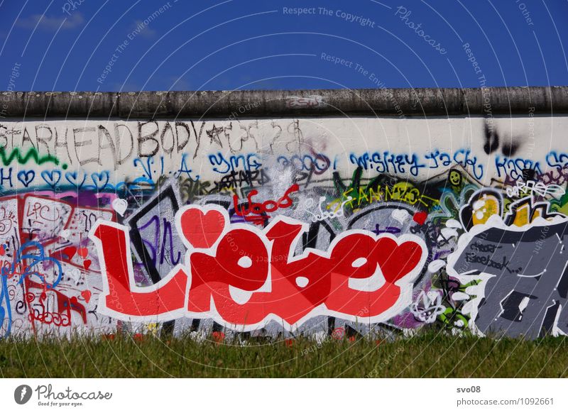 East Side Gallery Love Art Nature Town Sign Characters Wall (barrier) Berlin Eastside Gallery The Wall Graffiti Blue sky Heart-shaped Colour photo Exterior shot