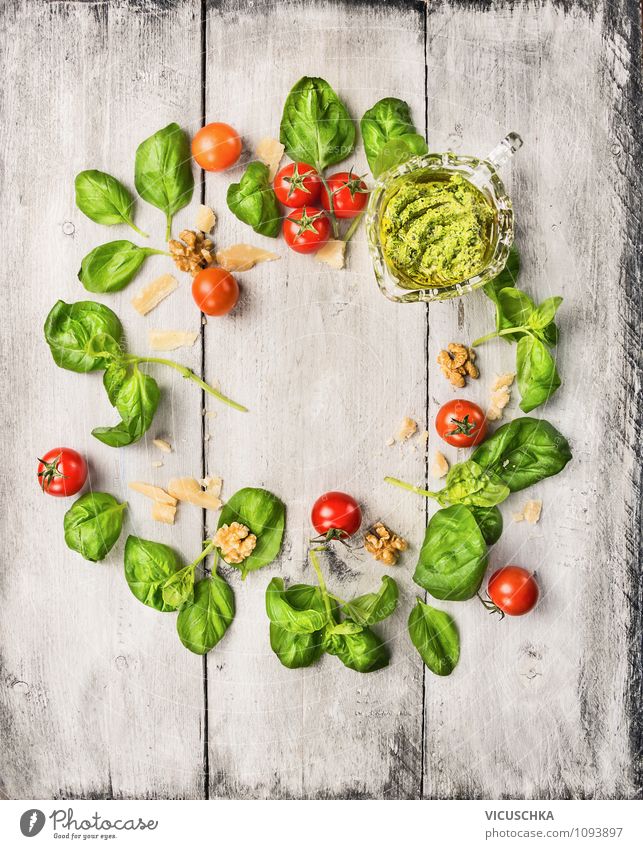 Basil Pesto Ingredients Food Vegetable Nutrition Lunch Organic produce Vegetarian diet Diet Italian Food Style Design Healthy Eating Life Table Kitchen