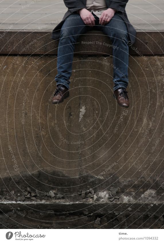 HMV | Break for shooting Masculine Hand Legs Feet 1 Human being Wall (barrier) Wall (building) Landing Platform Jeans Coat Footwear Stone Metal Sit Historic