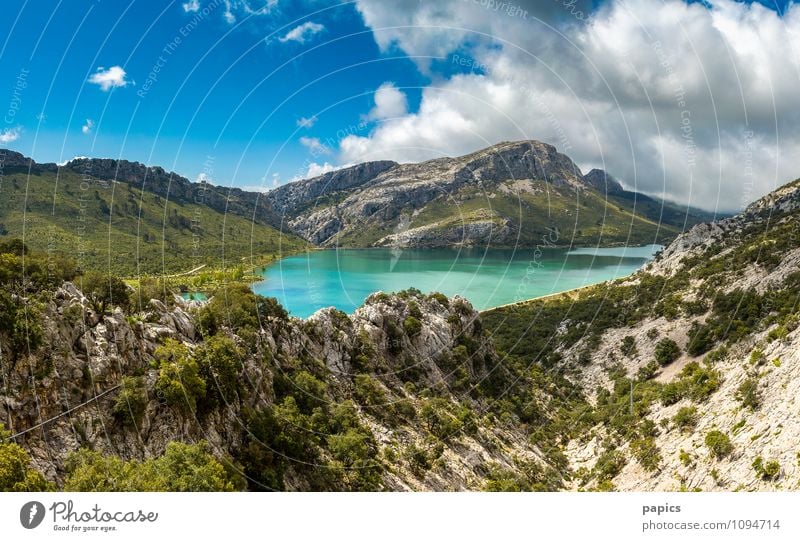 Serra de Tramuntana - Cuber Reservoir Nature Landscape Water Clouds Summer Beautiful weather Bushes Rock Mountain Lake Warmth Loneliness Relaxation