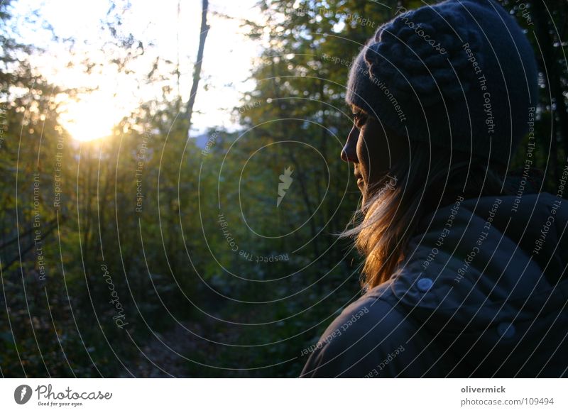 my angel in the forest Woman Moody Forest Green Sunset Light Autumn Contentment Love of nature Forest walk Leaf Tree Calm Nature Joy Gold golden hair Face