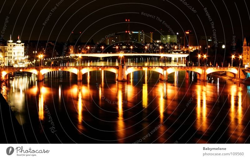 The Middle Bridge... Basel Night Long exposure Reflection Transport Night shot Town Light Lighting Dusk Bright Evening Dark Red Yellow