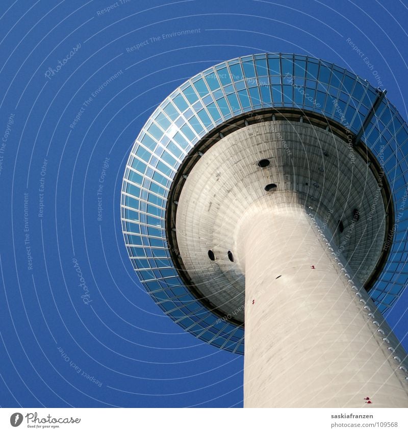 Unknown flying object. Summer Building Rheinturm Window Reflection Architecture Sky Blue Beautiful weather Clarity good weather Duesseldorf Rhine Tower