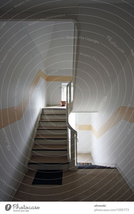 stairwell Living or residing Flat (apartment) Staircase (Hallway) Stairs Banister Line Colour photo Subdued colour Interior shot Copy Space right Day