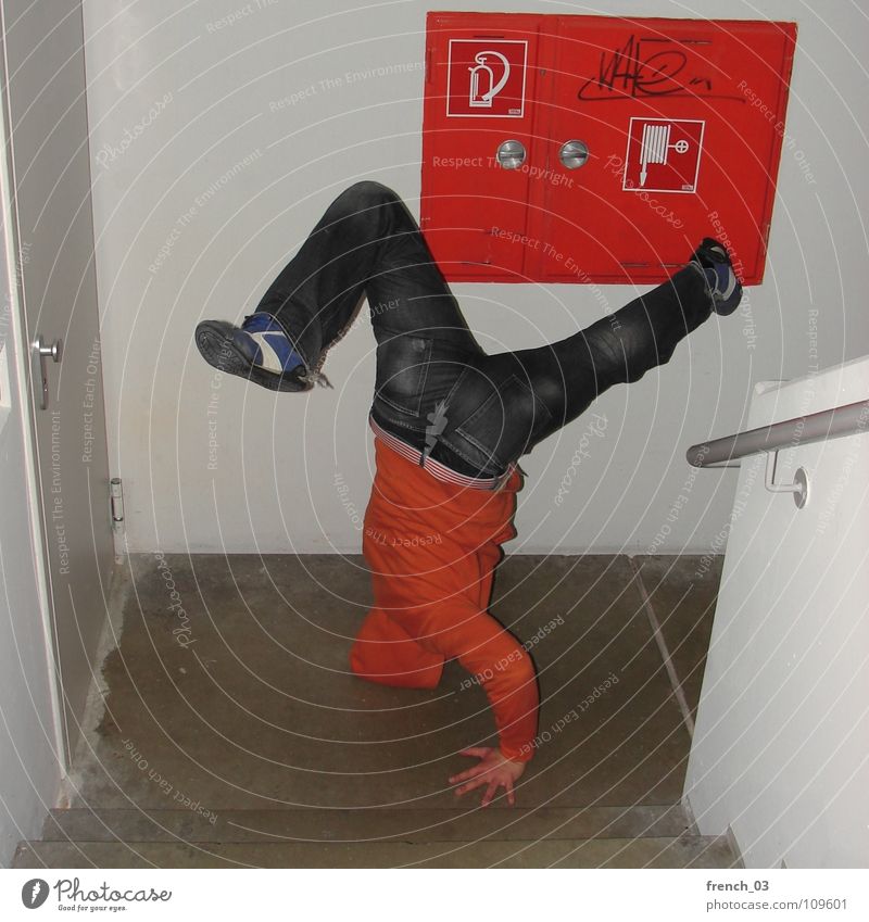 bboys gonna make the noise I Breakdance Staircase (Hallway) White Red Extinguisher Wall (building) Hooded (clothing) Door handle Sweater Sneakers Pants Footwear