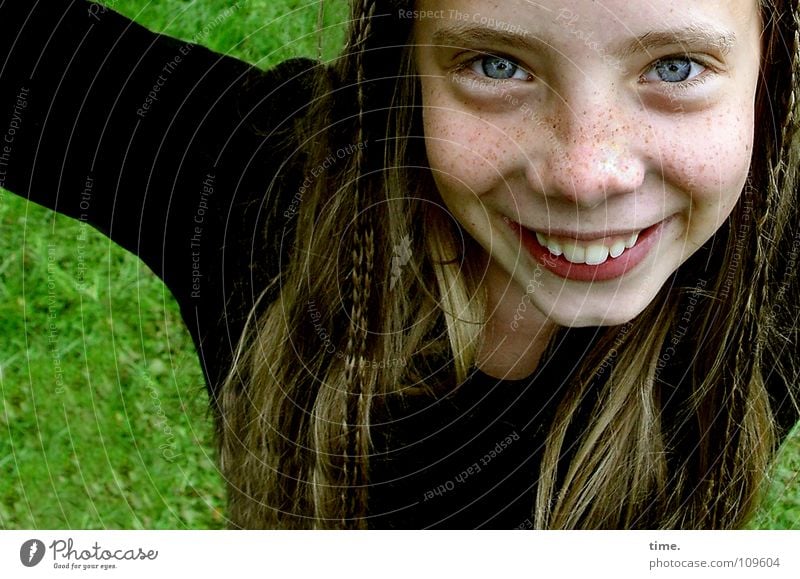 lifter Hair and hairstyles Face Feminine Girl 1 Human being Meadow Sweater Blonde Long-haired Braids Smiling Laughter Looking Friendliness Happiness pretty