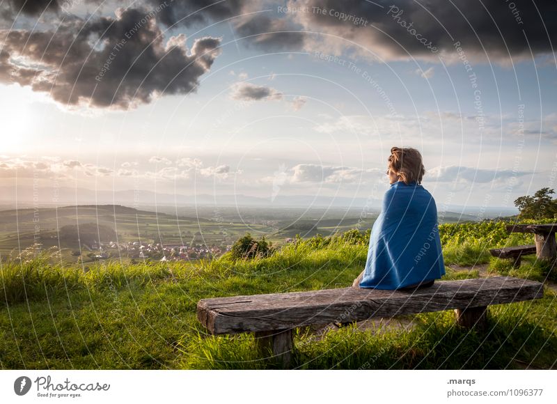 once upon a time Feminine Young woman Youth (Young adults) 1 Human being Landscape Summer Beautiful weather Grass Bench Think Relaxation Sit Safety (feeling of)